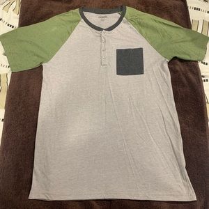 Carbon Mens tshirt with dark and light grey and green sleeves
